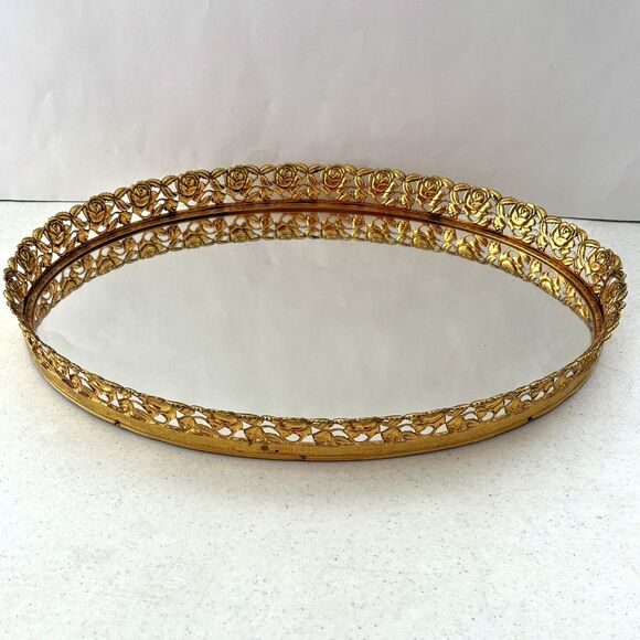 Filigree Mirror Oval Vanity Tray Hollywood Regency Boudoir Vintage Floral